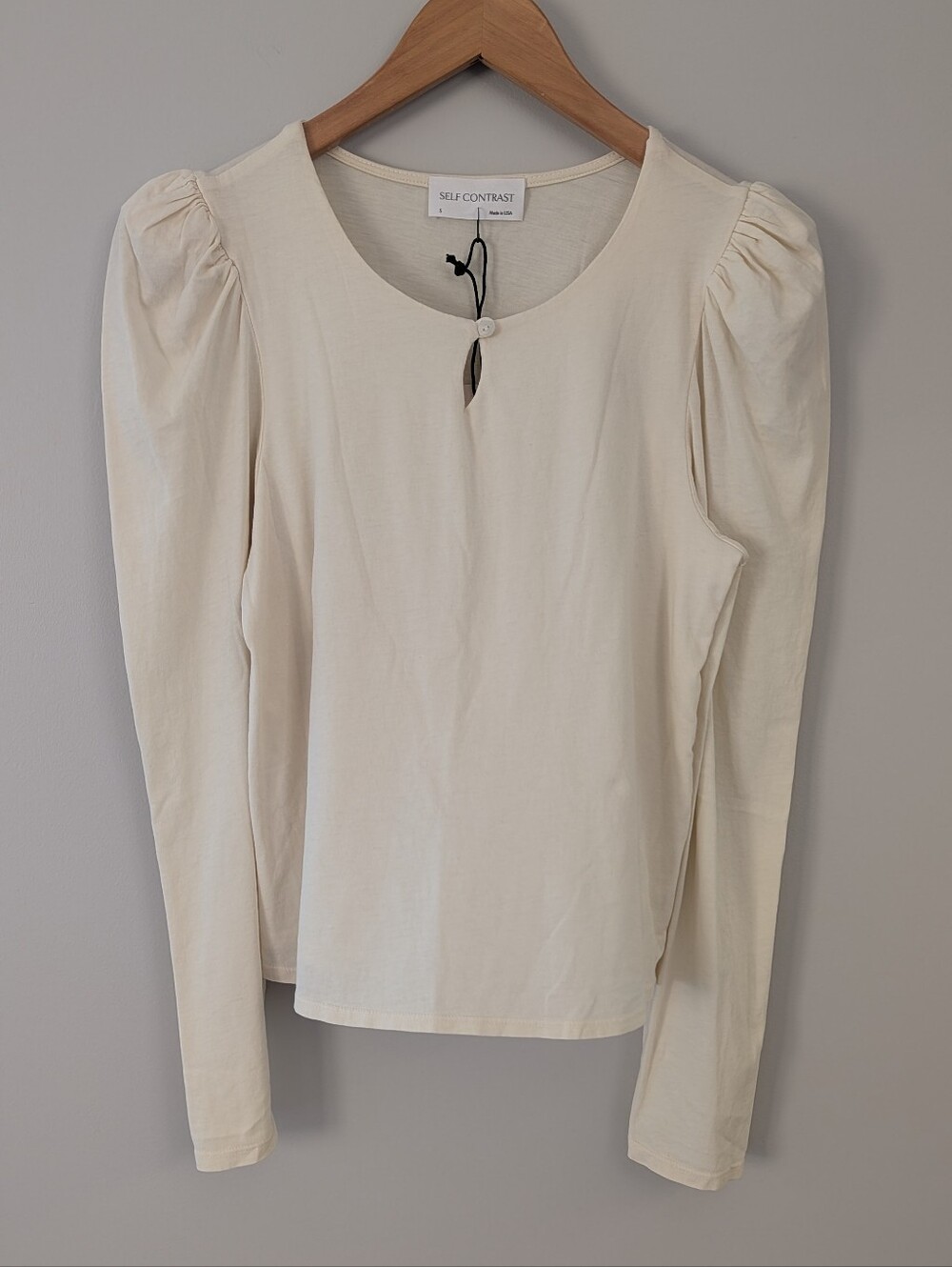 NWT Self Contrast Anthropologie Puff Sleeve Keyhole Blouse S Ivory